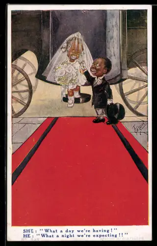 Künstler-AK T. Gilson: Zwei Kinder in Hochzeitskleidung vor einem roten Teppich