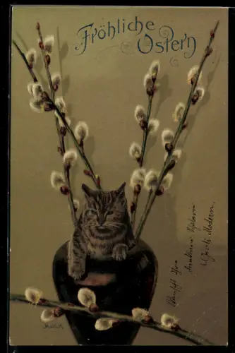 Künstler-AK Alfred Mailick: Katze in Vase mit Kätzchenzweigen, Osterguss