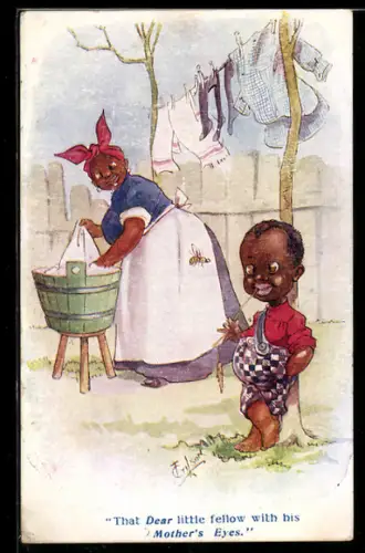 Künstler-AK T. Gilson: Mutter mit ihrem Kind beim Wäschewaschen im Garten