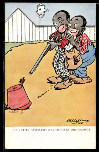 Künstler-AK George Edward Shepheard: Zwei Männer zielen mit einem Gewehr auf einen Vogel