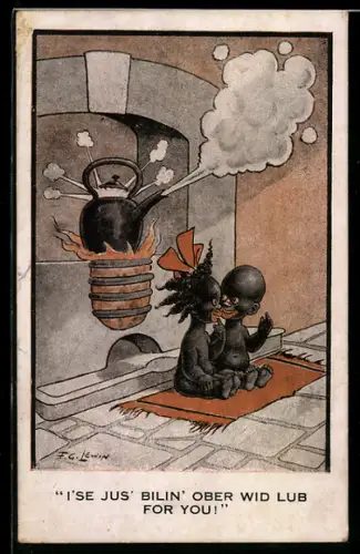 Künstler-AK Frederic G. Lewin: Zwei Kinder sitzen vor einem Wasserkocher