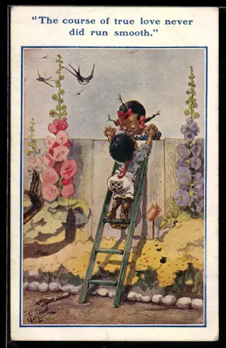 Künstler-AK T. Gilson: Kinder auf einer Leiter treffen sich am Zaun