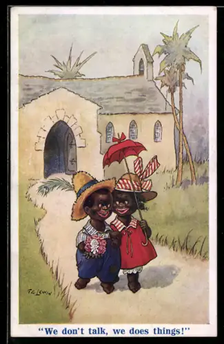 Künstler-AK Frederic G. Lewin: Zwei Kinder mit einem Regenschirm verlassen ein Gebäude