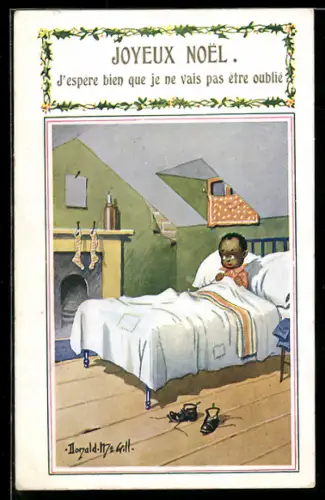 Künstler-AK Donald McGill: Joyeux Noel, kleiner farbiger Junge sitzt in seinem Bett u. schaut hinüber zu den Strümpfen