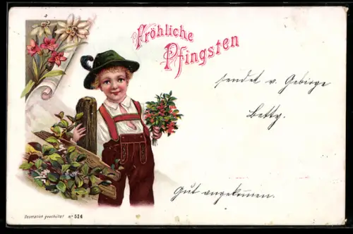 AK Junge in Tracht mit Blumenstrauss, Pfingstgruss