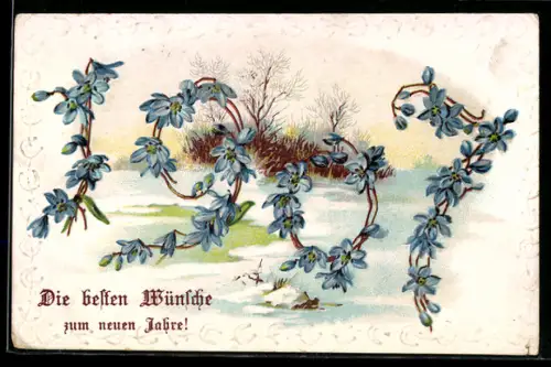 Lithographie Die besten Wünsche zum neuen Jahre!, Jahreszahl aus Blüten