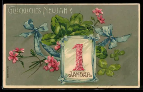 AK Mit Kleeblättern und blauen Schleifen geschmückter Neujahrsgruss