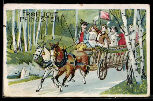 AK Fröhliche Pfingsten, Pferde ziehen geschmückten Pfingstkarren