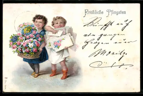AK Kinder mit Blumensträussen und Briefen, Pfingstgruss