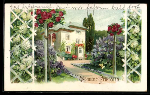 AK Haus mit einem idyllischen Garten mit Rosen, Pfingstgruss