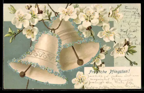 AK Mit Vergissmeinnicht geschmückte Glocken, Pfingstgruss
