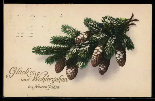 AK Zweig mit Tannenzapfen, Neujahrsgruss