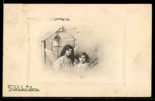 AK Osterengel vor einem Kirchturm mit Glocke