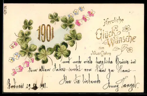 AK Mit Kleeblättern und Blumen verzierter Neujahrsgruss