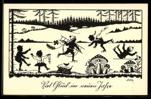 Künstler-AK Neujahr, Schlittschuhläufer und Schornsteinfeger auf zugefrorenem See