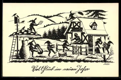 AK musizierende Zwerge lassen isch Sekt vom Serviermädchen einschenken, Pilz