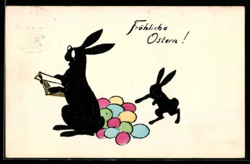 AK Osterhase liest in einem Buch und sitzt auf Ostereiern