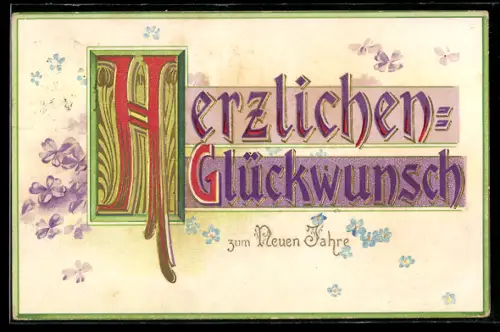 AK Neujahrswunsch mit Flieder und Vergissmeinnicht