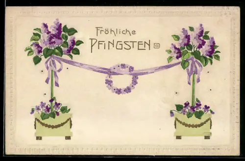 AK Fröhliche Pfingsten, Blütenstämme und Blumenkranz