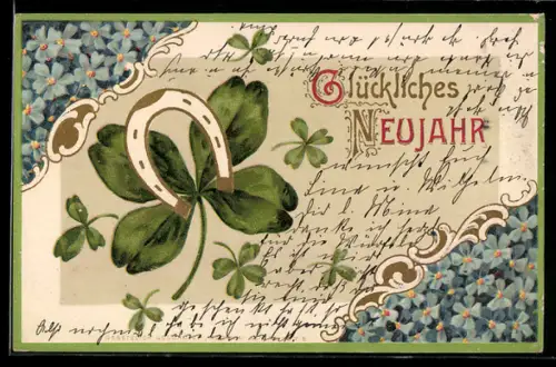 AK Hufeisen auf Kleeblatt, Vergissmeinnicht an zwei der vier Ecken, Neujahr