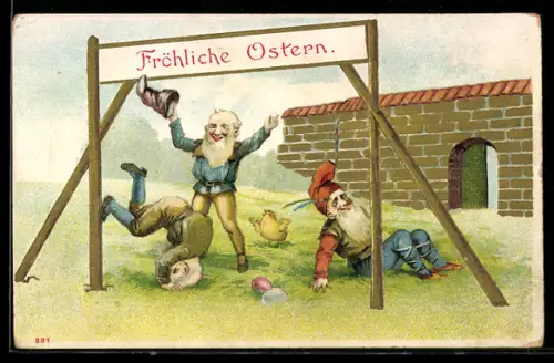 AK Zwerge mit einem Osterküken beim Turnen, Ostergruss