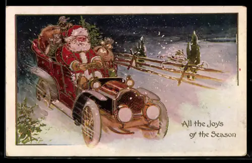 AK Weihnachtsmann mit Geschenken im Cabrio unterwegs