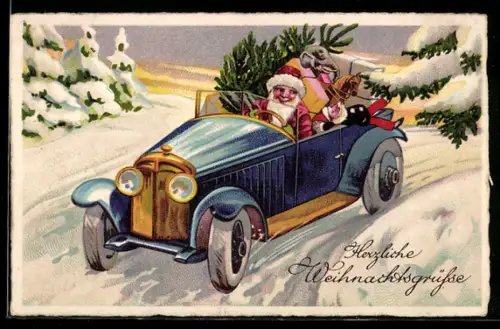 AK Weihnachtsmann im Auto mit Geschenken
