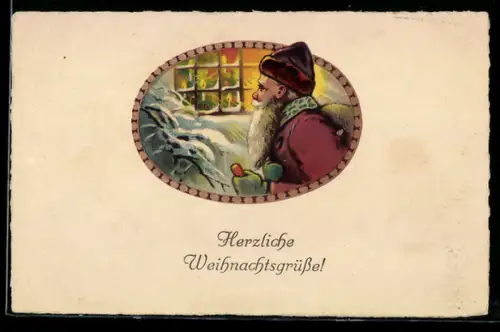 AK Weihnachtsmann steht an einem Fenster und sieht in einen beleuchteten Raum