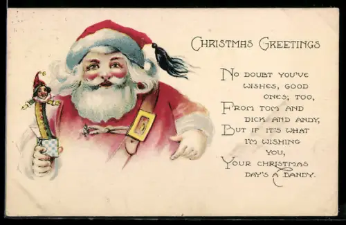 AK Weihnachtsmann mit einem Schachtelteufel in der Hand