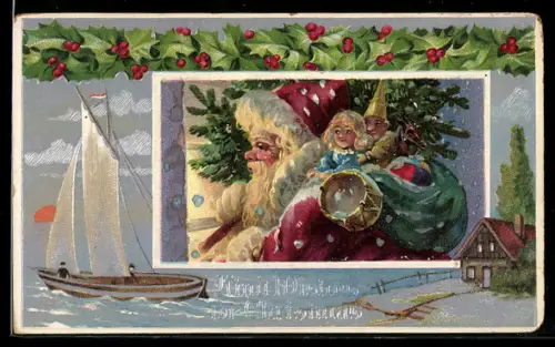 AK Weihnachtsmann mit Geschenken auf dem Rücken, Stechpalmenzweige im Passepartout, Weihnachtsgruss
