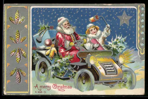 AK Weihnachtsmann fährt in einem Auto voller Geschenke über eine verschneite Strasse