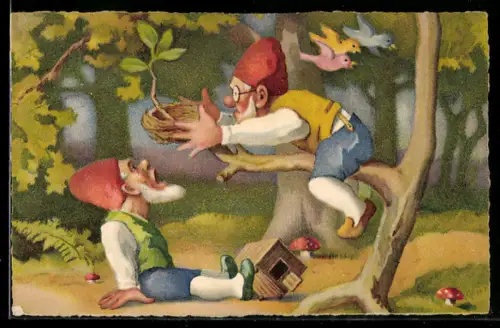 AK Zwei Zwerge mit einem Vogelhaus