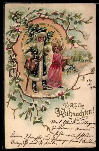 Lithographie Fröhliche Weihnachten! Weihnachtsmann mit einem Engel
