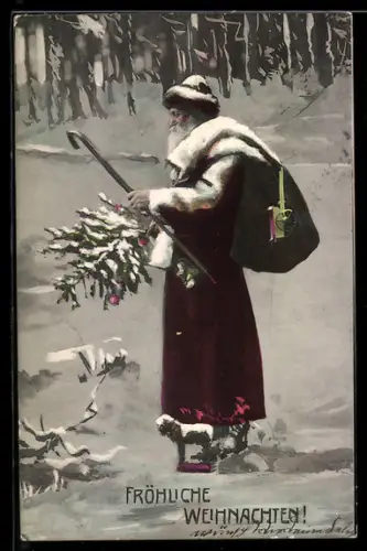 AK Weihnachtsmann mit Sack voller Geschenke in einem verschneiten Waldstück