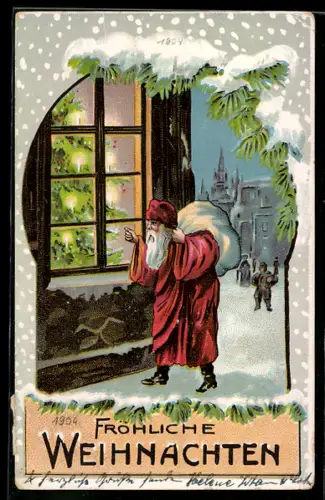 AK Weihnachtsmann klopft an ein Fenster, Fröhliche Weihnachten