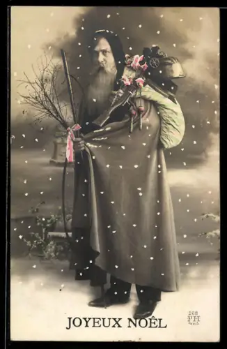 AK Weihnachtsmann mit Rute, Stock und Sack voller Geschenke