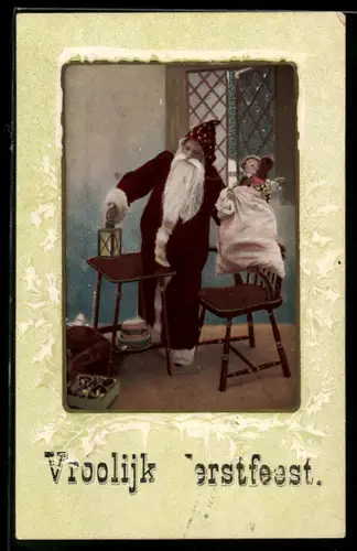 AK Weihnachtsmann am Tisch mit einem Sack voller Geschenke