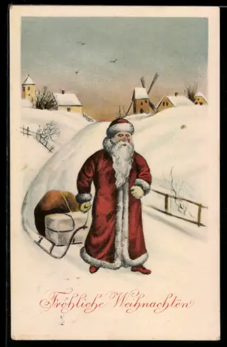 AK Weihnachtsmann verlässt mit einem Schlitten einen Ort