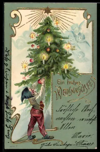 Lithographie Zwerg schmückt den Weihnachtsbaum, Engel