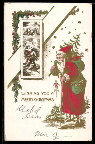 AK Weihnachtsmann trägt den Sack mit den Geschenken auf dem Rücken, Wishing you a merry christmas