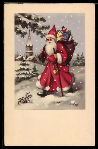 AK Weihnachtsmann mit einem Sack voller Geschenke vor einer verschneiten Kirche