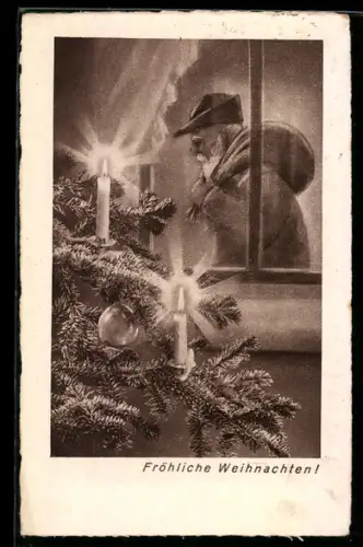 AK Herzliche Weihnachtsgrüsse!, Weihnachtsmann vor`m Fenster