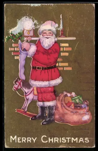 AK Weihnachtsmann befüllt einen Strumpf mit Geschenken