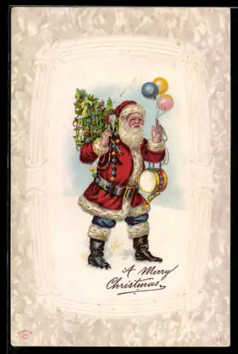 Lithographie Weihnachtsmann mit Luftballons und Bäumchen, A Merry Christmas