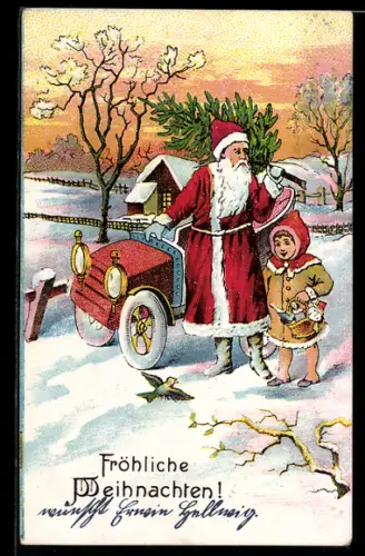AK Weihnachtsmann mit einem Kind und einem Auto in einer schneebedeckten Landschaft