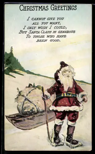 AK Weihnachtsmann mit Schlitten und auf Schneeschuhen