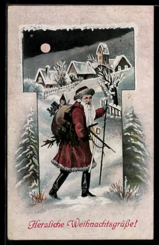 AK Weihnachtsmann trägt einen Sack mit Spielzeug zum Dorf
