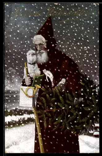 AK Weihnachtsmann mit Posthorn in einem verschneiten Ort