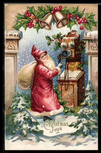 AK Weihnachtsmann am Telefon unter Glocken und Stechpalmenzweigen