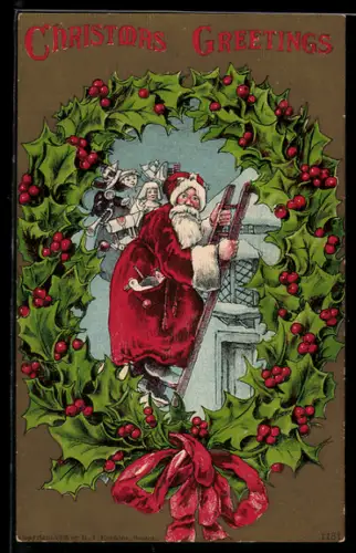 AK Weihnachtsmann klettert an einer Leiter auf ein Haus, Stechpalmenzweige im Passepartout